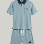 KZZ Men's Summer Color-Block Short-Sleeve Polo Shirt and Elastic-Waist Shorts