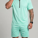 KZZ Collarless half-zip short-sleeve top and elastic-waist shorts