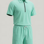 KZZ Collarless half-zip short-sleeve top and elastic-waist shorts