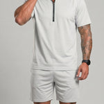 KZZ Collarless half-zip short-sleeve top and elastic-waist shorts