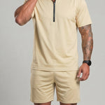 KZZ Collarless half-zip short-sleeve top and elastic-waist shorts