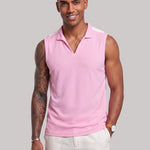 KZZ Men's Summer Sleeveless Vest with Stand Collar and Panel Detailing