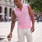 KZZ Men's Summer Sleeveless Vest with Stand Collar and Panel Detailing