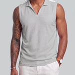 KZZ Men's Summer Sleeveless Vest with Stand Collar and Panel Detailing