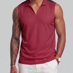 KZZ Men's Summer Sleeveless Vest with Stand Collar and Panel Detailing