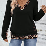 Women's Leopard Trim V-Neck Knit Top