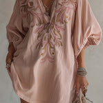 Pink Cotton Linen Mini Dress With Vintage Floral Embroidery