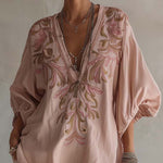 Pink Cotton Linen Mini Dress With Vintage Floral Embroidery