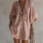 Pink Cotton Linen Mini Dress With Vintage Floral Embroidery