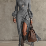 Gray Knitted Lace Hem Puff Sleeve Maxi Dress