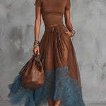 Brown Short Sleeve Shirt And Blue Lace-Trim Tulle Maxi Skirt Set