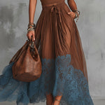 Brown Short Sleeve Shirt And Blue Lace-Trim Tulle Maxi Skirt Set