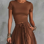 Brown Short Sleeve Shirt And Blue Lace-Trim Tulle Maxi Skirt Set