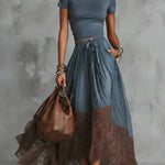 Brown Short Sleeve Shirt And Blue Lace-Trim Tulle Maxi Skirt Set