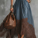 Brown Short Sleeve Shirt And Blue Lace-Trim Tulle Maxi Skirt Set
