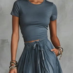 Brown Short Sleeve Shirt And Blue Lace-Trim Tulle Maxi Skirt Set