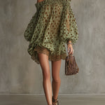 Olive Polka Dot Off-Shoulder Sheer Balloon-Sleeve Lace Hem Mini Dress