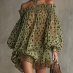 Olive Polka Dot Off-Shoulder Sheer Balloon-Sleeve Lace Hem Mini Dress