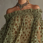 Olive Polka Dot Off-Shoulder Sheer Balloon-Sleeve Lace Hem Mini Dress