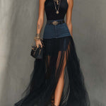 Black Denim Patchwork T-Shirt And Mesh Maxi Skirt Set With Side Slit