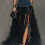 Black Denim Patchwork T-Shirt And Mesh Maxi Skirt Set With Side Slit