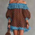 Brown And Blue Off-Shoulder Polka Dot Lace Mini Dress
