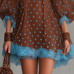 Brown And Blue Off-Shoulder Polka Dot Lace Mini Dress