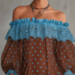 Brown And Blue Off-Shoulder Polka Dot Lace Mini Dress