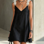 Black V-Neck Mini Dress With Floral Shoulder Straps