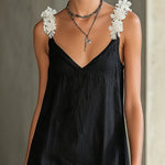 Black V-Neck Mini Dress With Floral Shoulder Straps