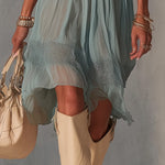 Blue Pleated Lace Midi Dress