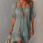 Blue Pleated Lace Midi Dress