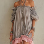 Gray Chiffon Off Shoulder Mini Dress With Pink Hem