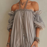 Gray Chiffon Off Shoulder Mini Dress With Pink Hem
