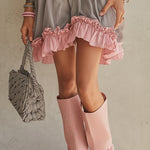 Gray Chiffon Off Shoulder Mini Dress With Pink Hem