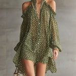 Green Polka Dot Cold Shoulder Mini Dress With Ruffled Neckline