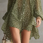 Green Polka Dot Cold Shoulder Mini Dress With Ruffled Neckline