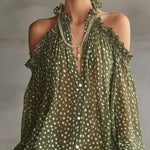 Green Polka Dot Cold Shoulder Mini Dress With Ruffled Neckline