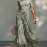 Green Stretch Fabric And Chiffon Maxi Dress