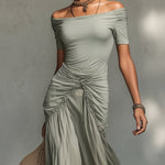 Green Stretch Fabric And Chiffon Maxi Dress