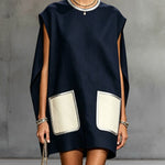 Navy Sleeveless Mini Dress With Contrast Patch Pockets