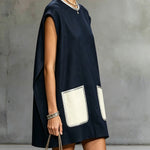 Navy Sleeveless Mini Dress With Contrast Patch Pockets