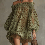 Olive Polka Dot Off-Shoulder Sheer Balloon-Sleeve Lace Hem Mini Dress