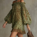 Olive Polka Dot Off-Shoulder Sheer Balloon-Sleeve Lace Hem Mini Dress