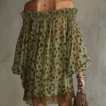 Olive Polka Dot Off-Shoulder Sheer Balloon-Sleeve Lace Hem Mini Dress