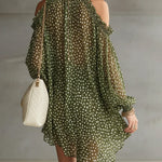 Green Polka Dot Cold Shoulder Mini Dress With Ruffled Neckline