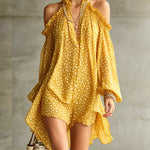 Green Polka Dot Cold Shoulder Mini Dress With Ruffled Neckline