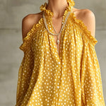 Green Polka Dot Cold Shoulder Mini Dress With Ruffled Neckline