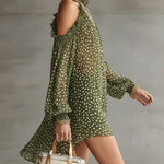 Green Polka Dot Cold Shoulder Mini Dress With Ruffled Neckline
