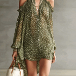 Green Polka Dot Cold Shoulder Mini Dress With Ruffled Neckline